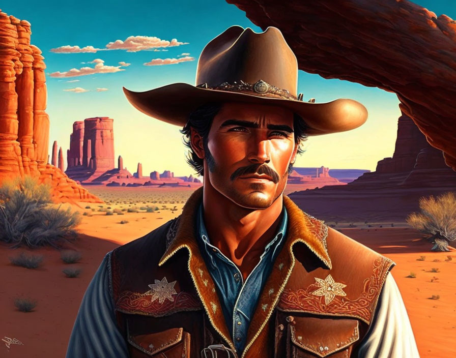 Cowboy with mustache in western attire under desert arch