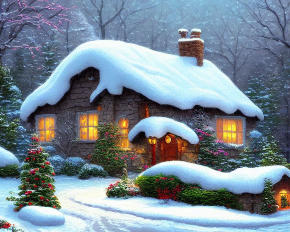 Snow-covered cottage with warm lights in serene winter scene