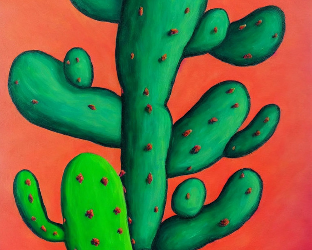 Colorful painting of green cactus with red spines on orange background