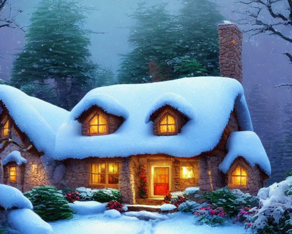 Snow-covered stone cottage with illuminated windows and warm front door in snowy pine tree setting