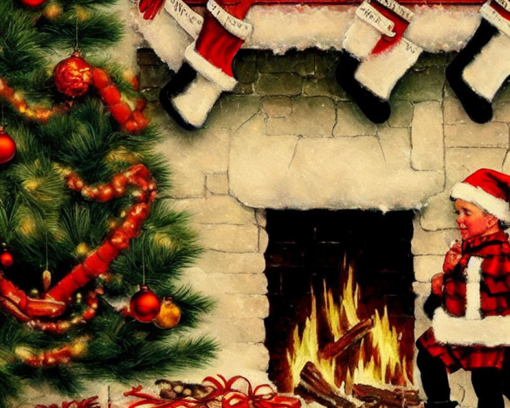 Child in Red Santa Hat by Fireplace with Christmas Decor and Gifts