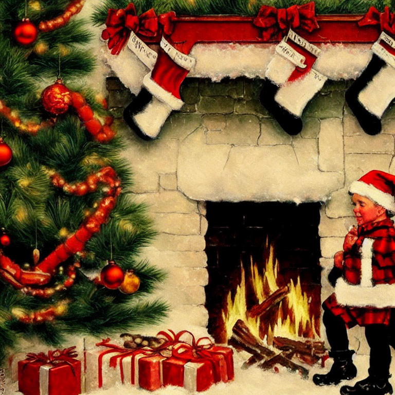 Child in Red Santa Hat by Fireplace with Christmas Decor and Gifts