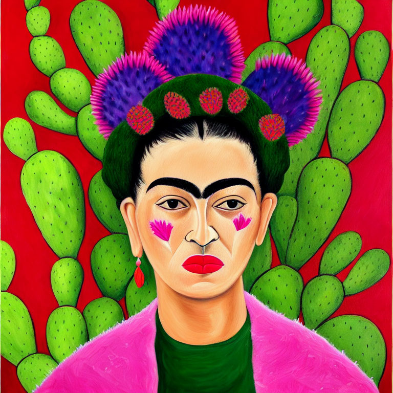 Vibrant portrait of woman with unibrow and flower crown among green cacti