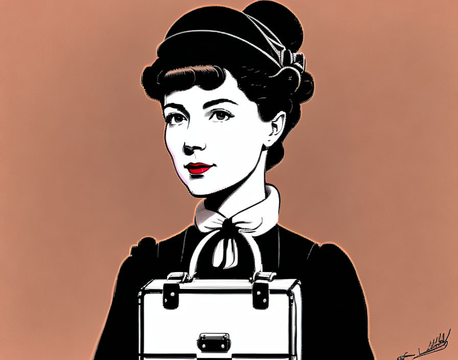 Vintage-style illustration of woman with updo hair, hat, bowtie, briefcase on salmon-p