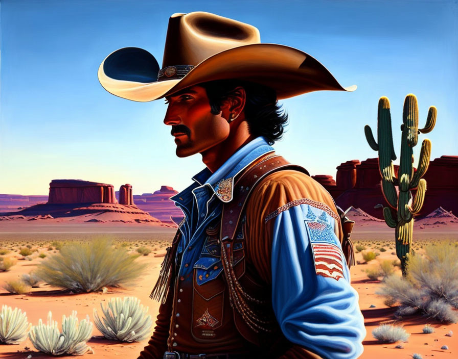 Cowboy illustration with large hat, mustache, and ornate jacket in desert landscape.