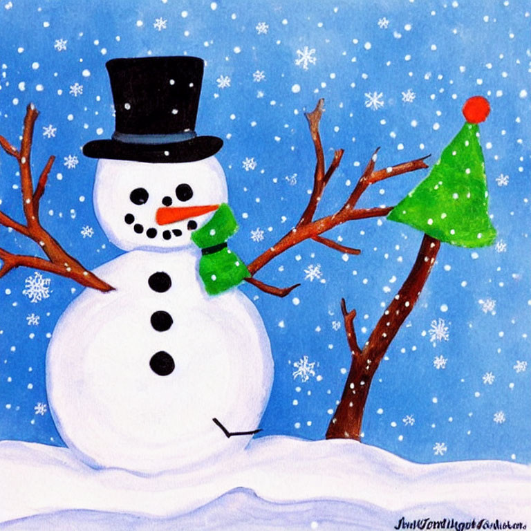 Cheerful snowman with top hat and green scarf in snowy scene