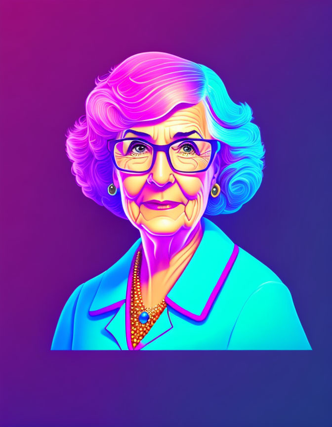 Colorful digital portrait: elderly woman with pink hair, glasses, blue jacket, pearl necklace, purple