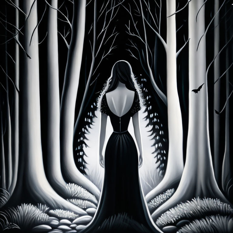 Woman in dark dress in monochromatic forest with tall trees and flying bird