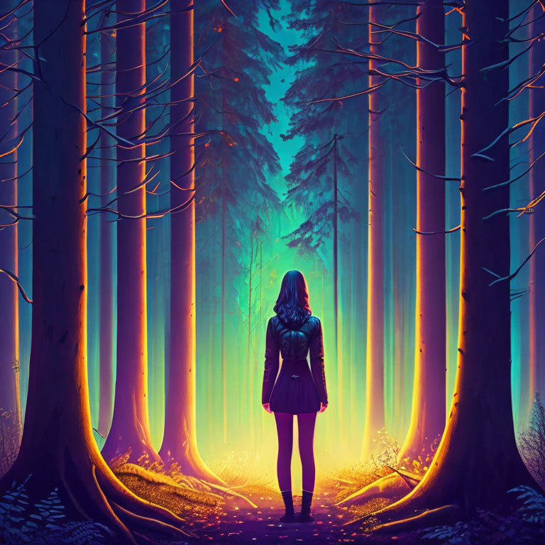 Mystical forest scene with person at edge