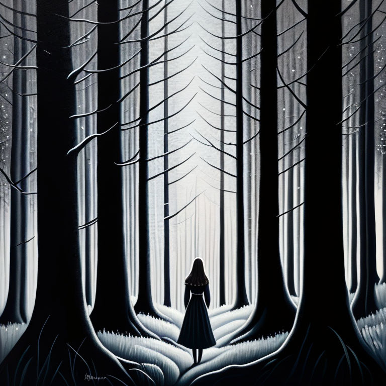 Monochromatic painting: Solitary figure in mystical forest