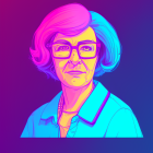 Colorful digital portrait: elderly woman with pink hair, glasses, blue jacket, pearl necklace, purple