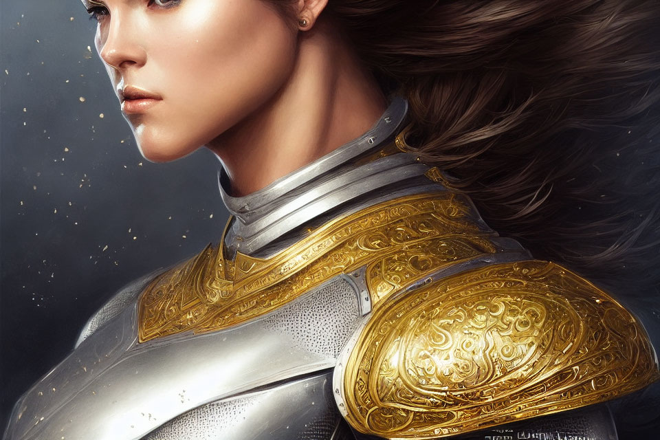 Digital artwork of woman in ornate medieval armor with gold engravings, flowing hair, against star