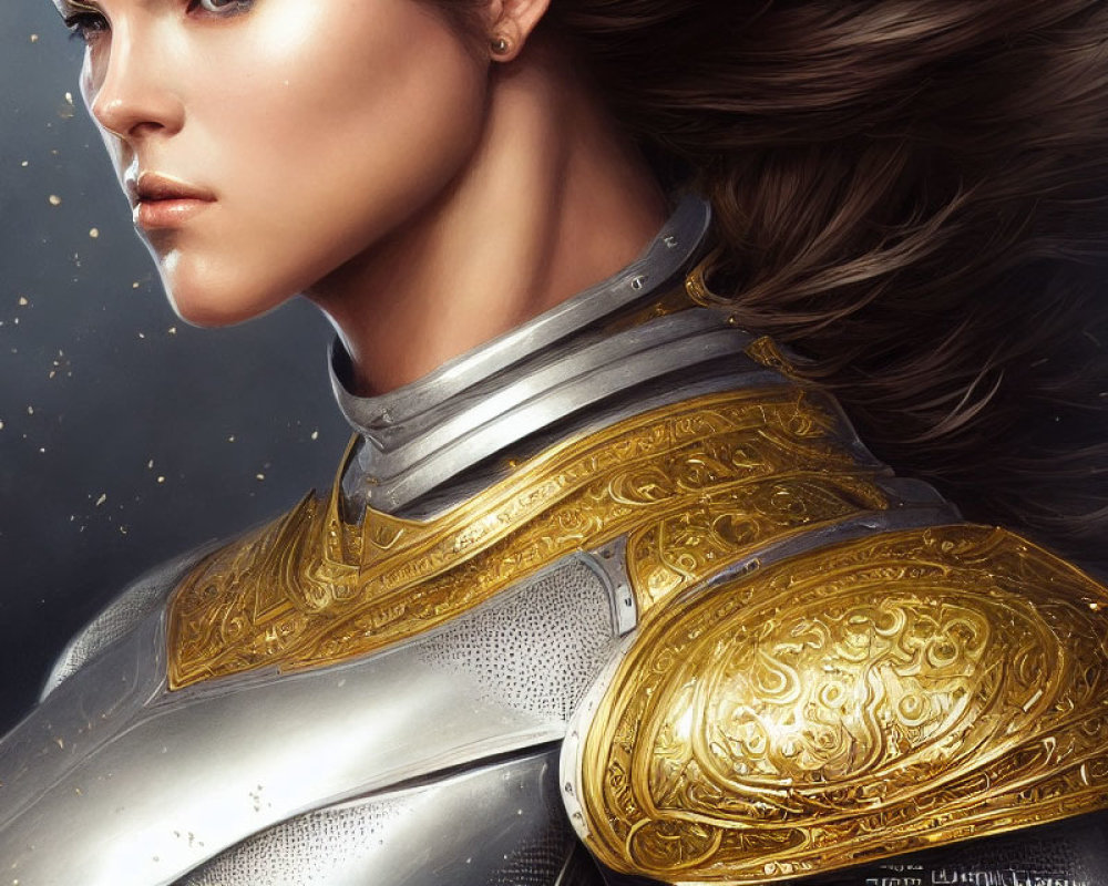 Digital artwork of woman in ornate medieval armor with gold engravings, flowing hair, against star