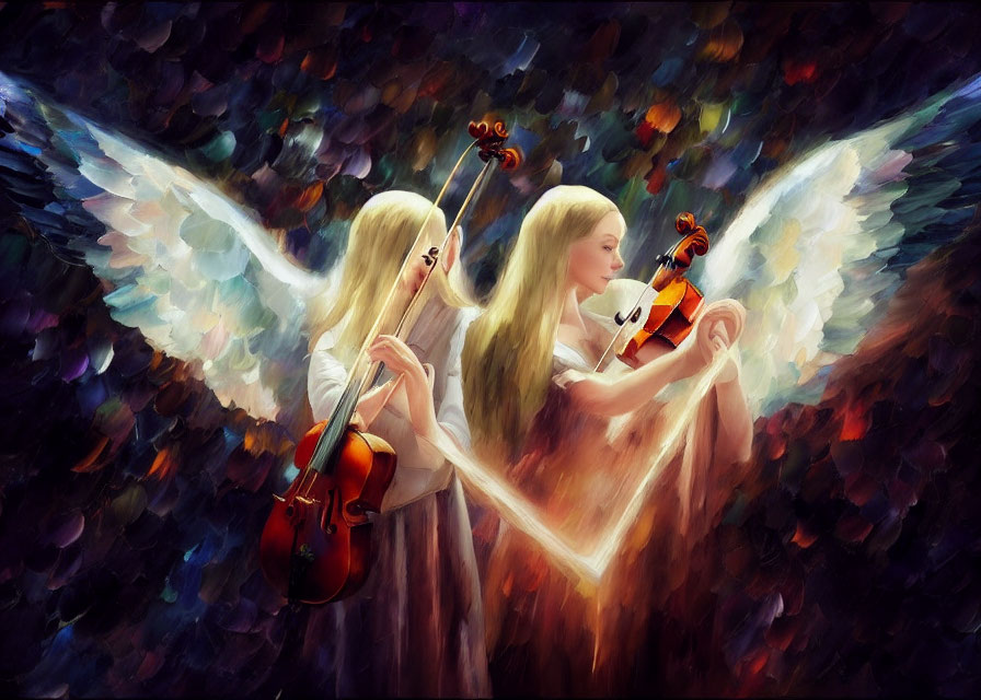 Angelic figures playing violins on vibrant abstract background