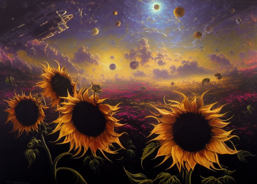 Surreal cosmic landscape with sunflowers, starry sky, planets, asteroids, and space station