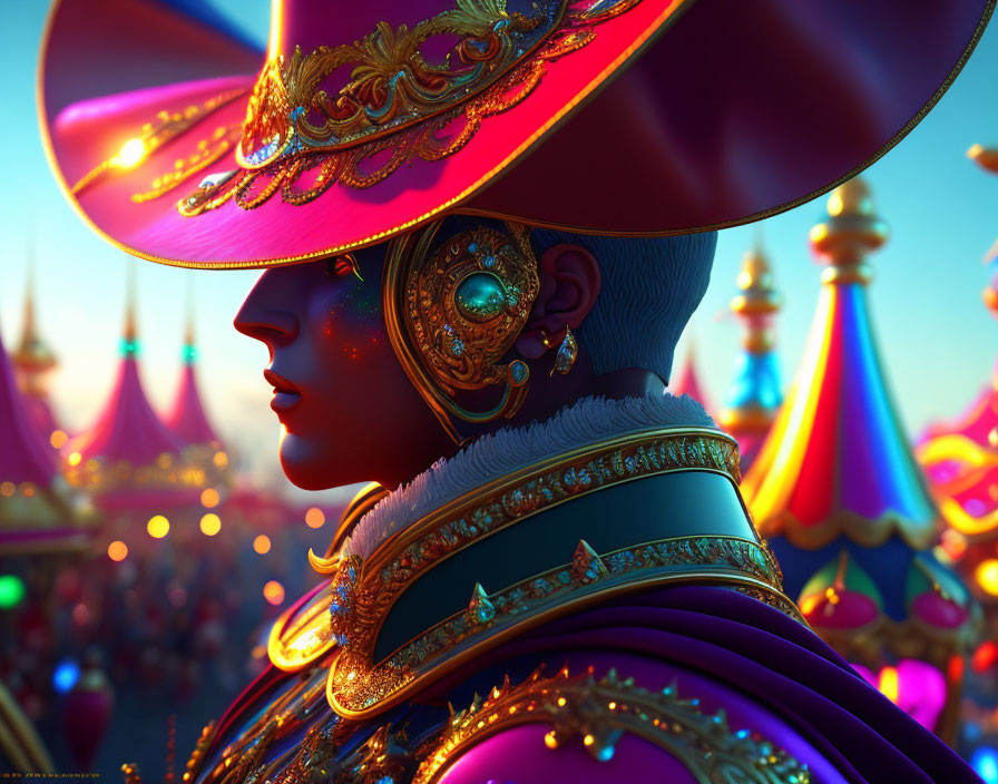 Colorful person in elaborate costume with decorated hat and gold accents at carnival