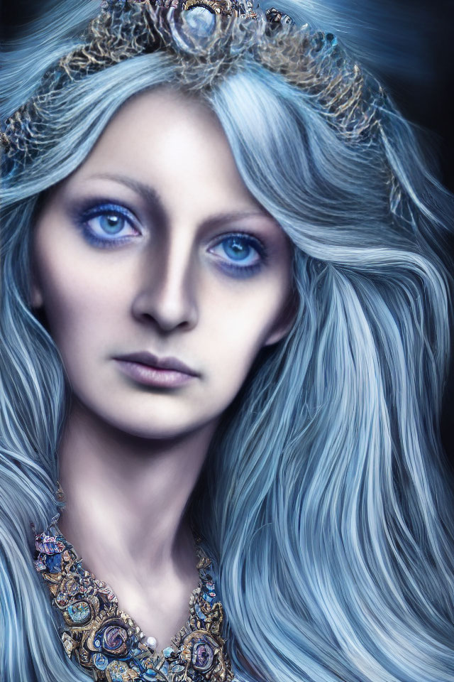 Digital painting of woman with silver hair, blue eyes, crown, and necklace