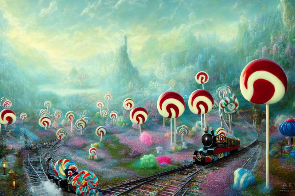 Colorful steam train in candy-themed landscape