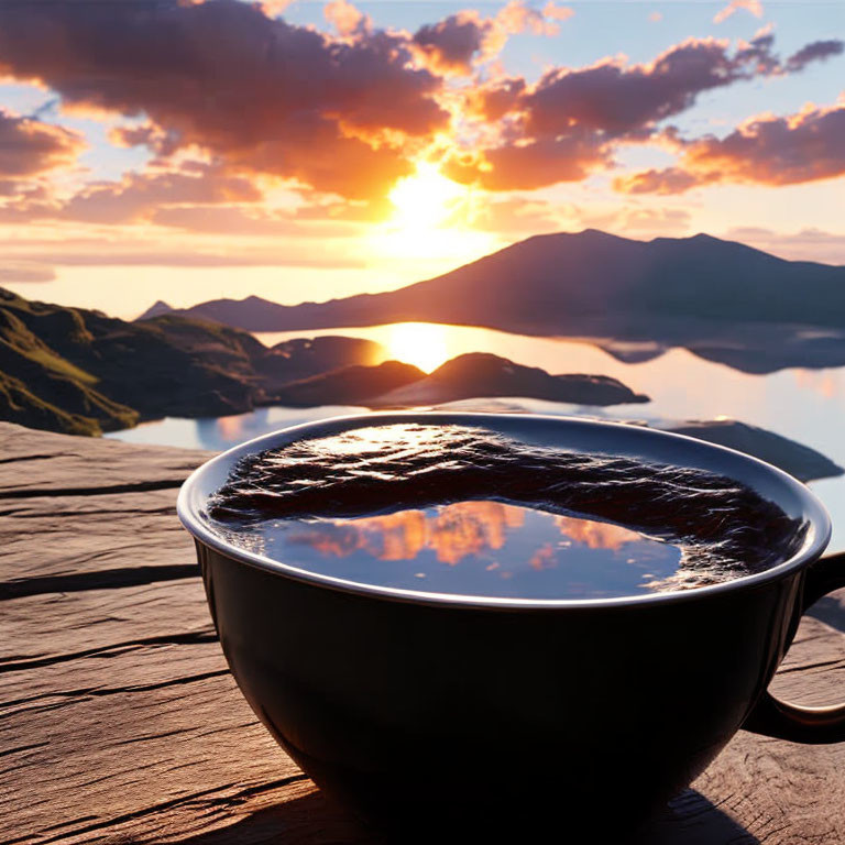 Steaming cup of coffee on wooden surface with sunrise over mountains and lake.