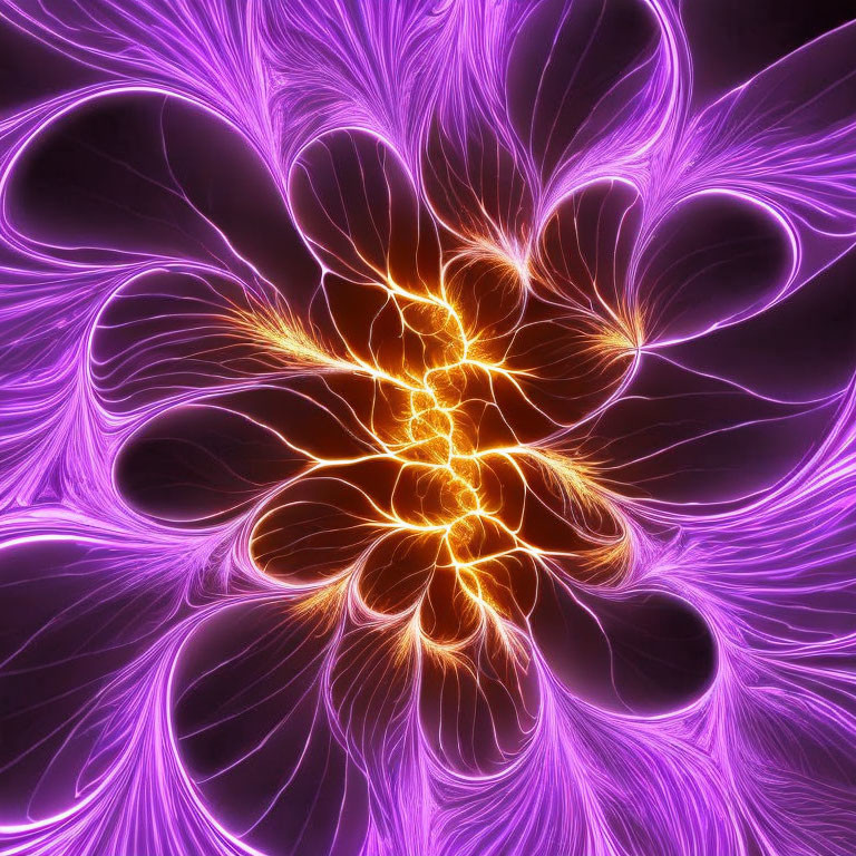 Vivid digital artwork: electric purple & golden fractal flower/firework with radiant lines