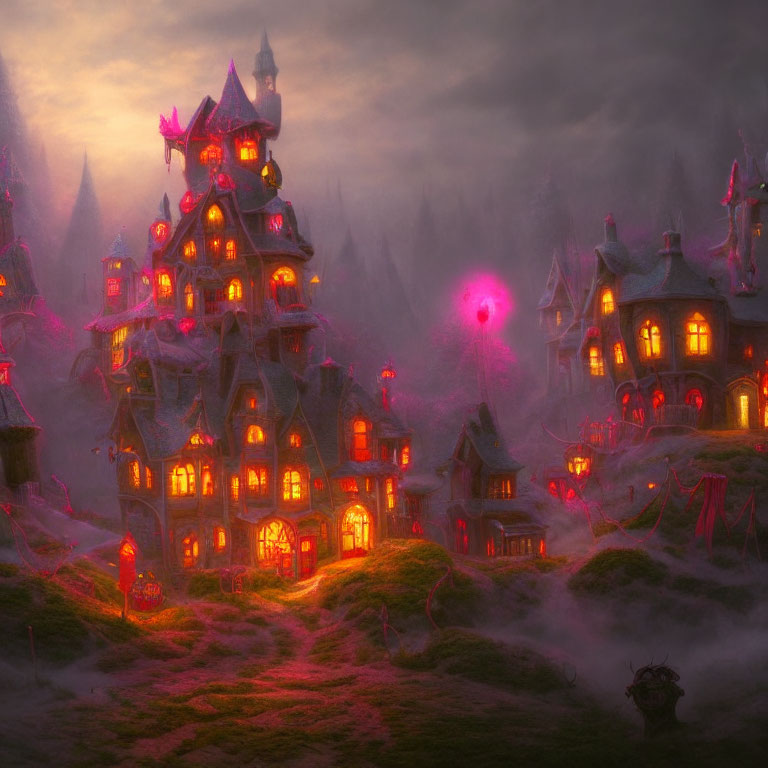 Whimsical illuminated fantasy village with multi-tiered house in misty terrain