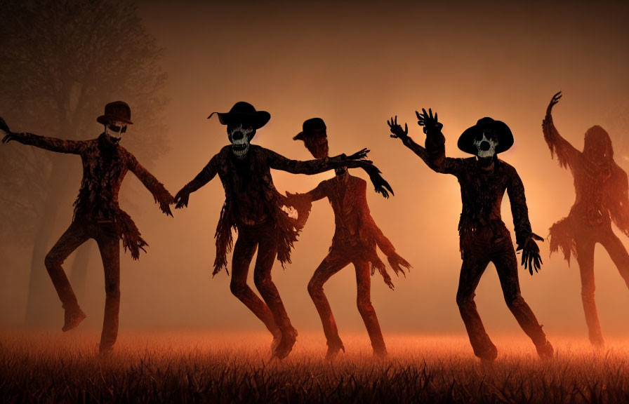Zombie cowboy hat silhouettes in misty orange scene