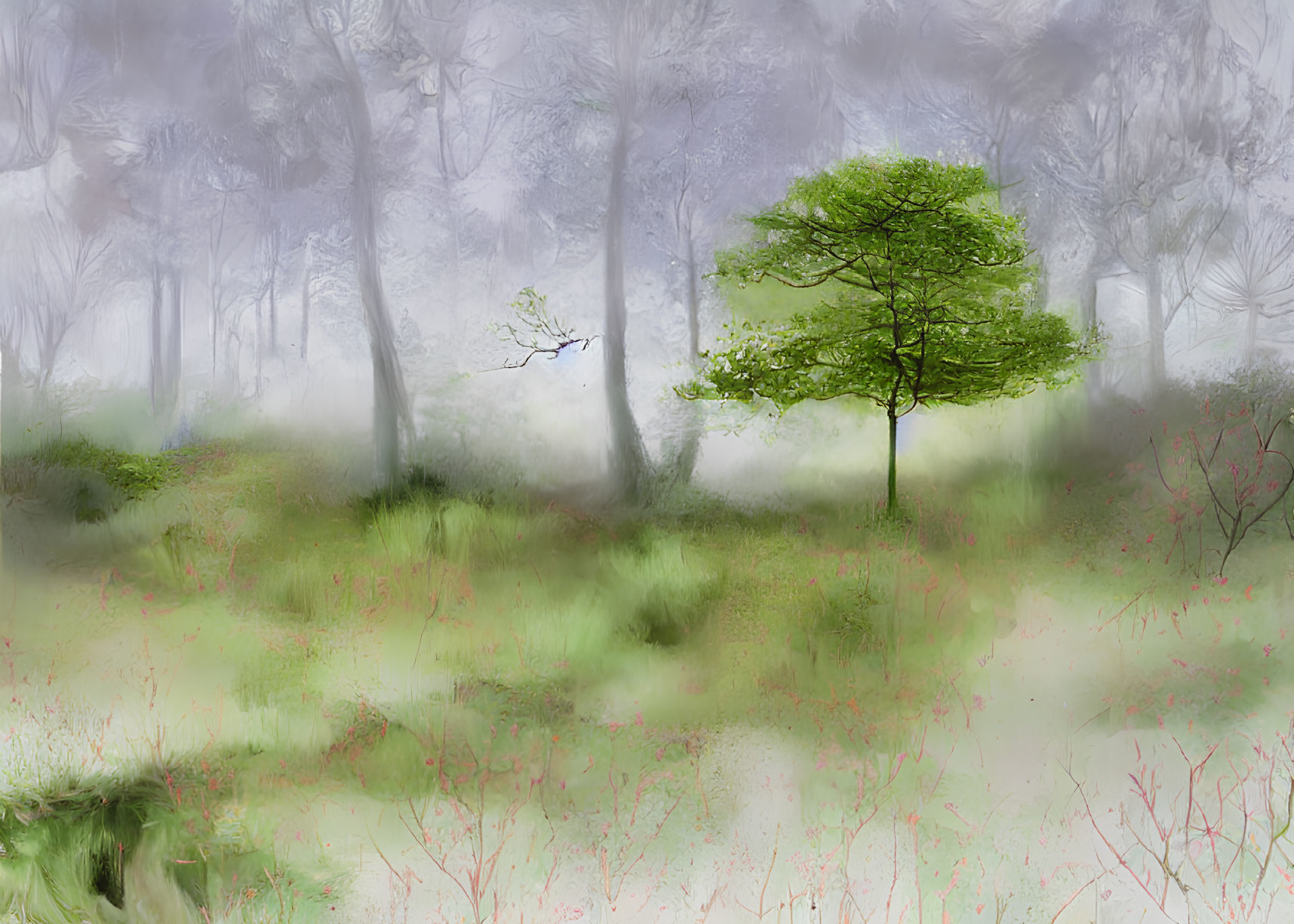 Misty woodland scene with vibrant green tree in soft focus