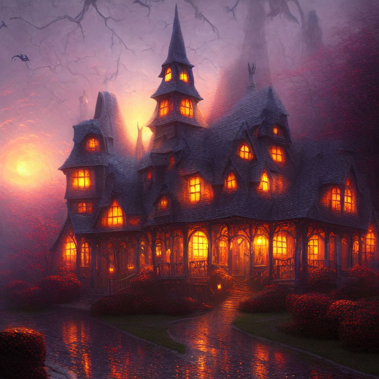 Mystical gothic mansion at twilight with warm glowing lights, dark trees, and fine mist