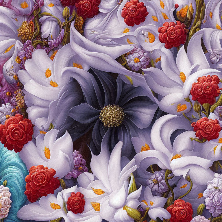 Floral Pattern with Dark Flower Surrounded by White, Purple, and Red Blossoms