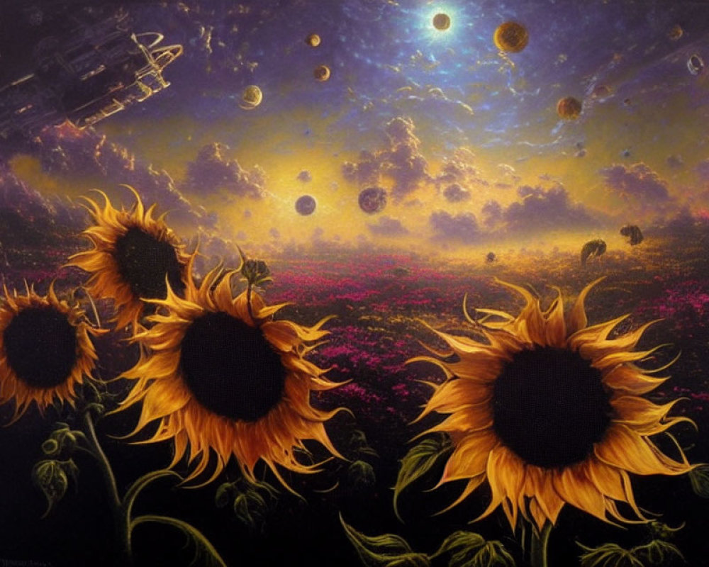 Surreal cosmic landscape with sunflowers, starry sky, planets, asteroids, and space station