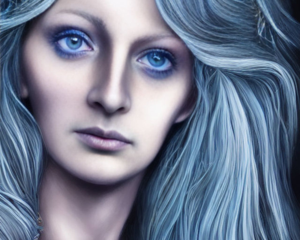 Digital painting of woman with silver hair, blue eyes, crown, and necklace