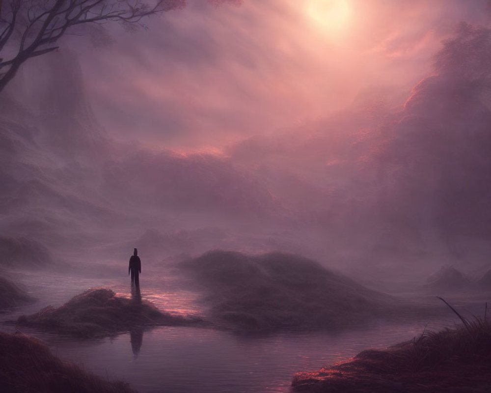 Solitary figure in mystical foggy landscape with pink sky.