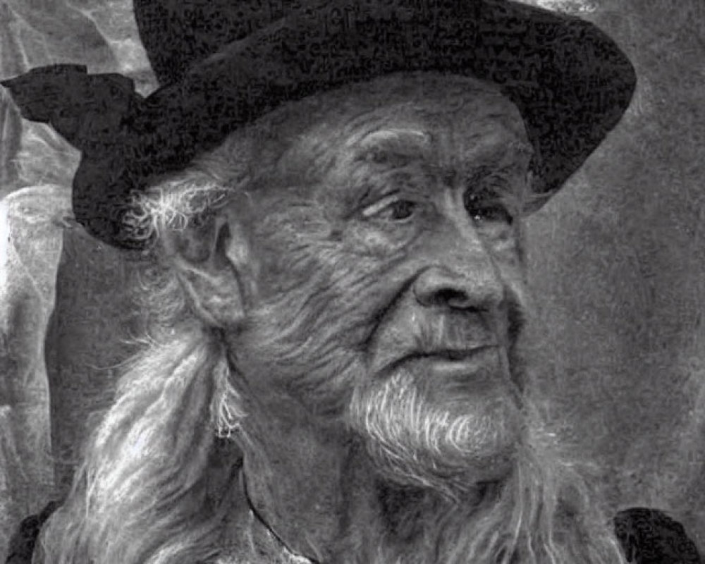 Monochrome portrait of elderly person in wide-brimmed hat and pendant