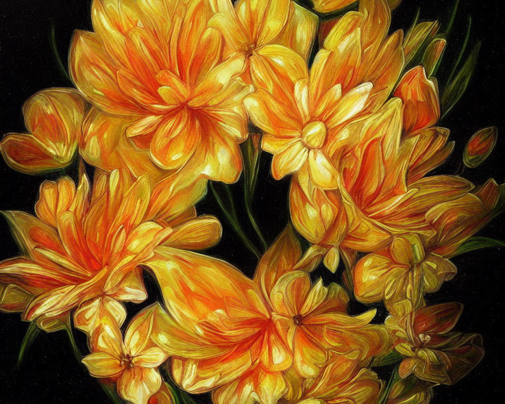 Colorful oil painting of bright yellow and orange flowers on dark background