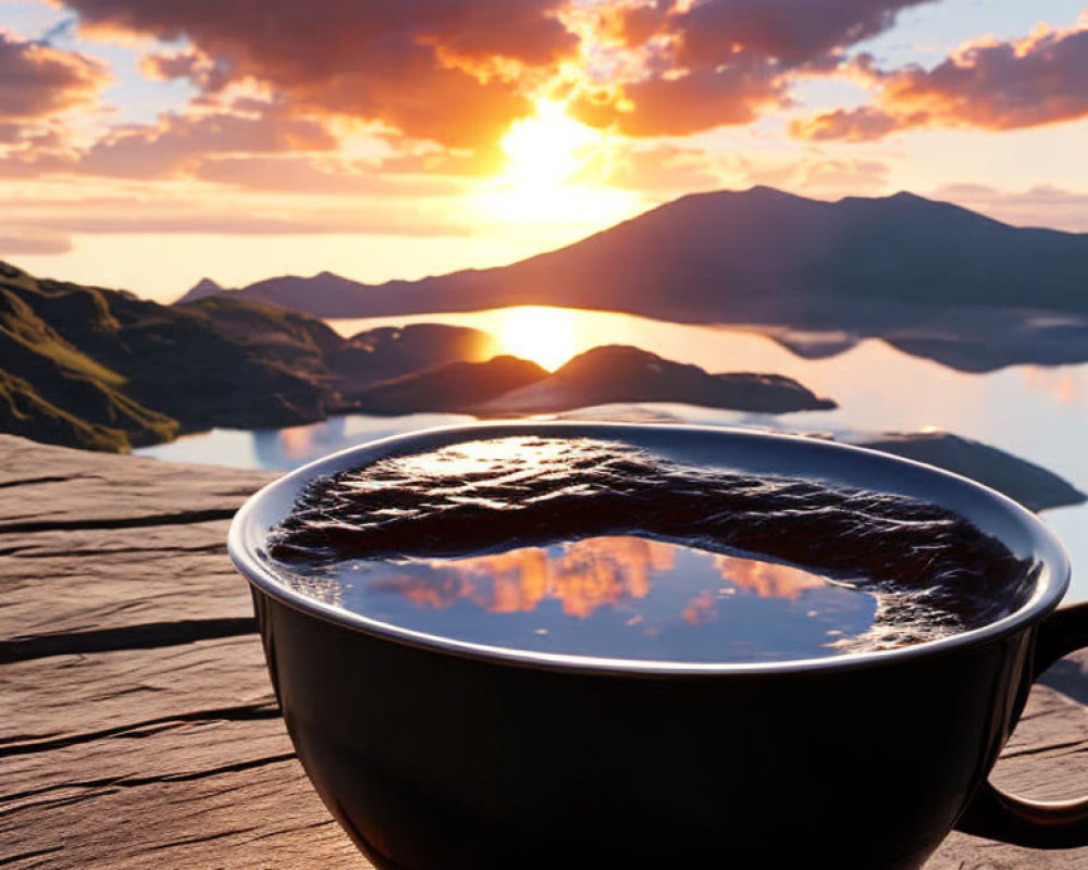 Steaming cup of coffee on wooden surface with sunrise over mountains and lake.