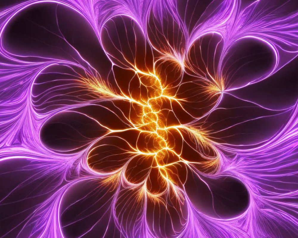 Vivid digital artwork: electric purple & golden fractal flower/firework with radiant lines