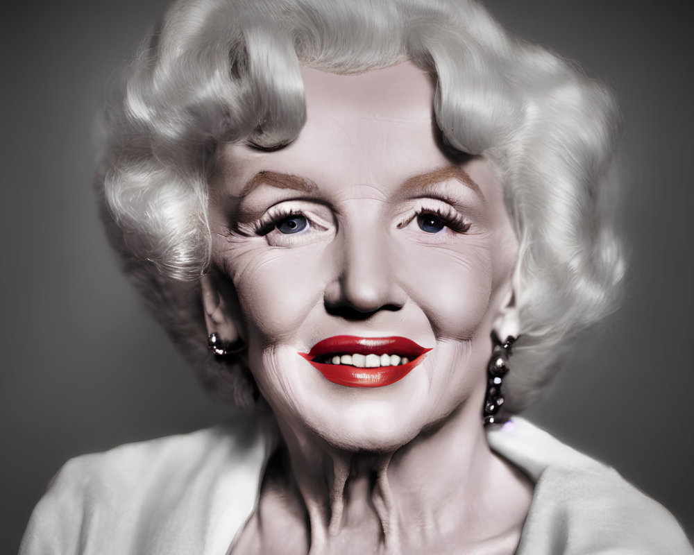 Monochromatic portrait of a smiling woman with platinum blonde hair and red lipstick