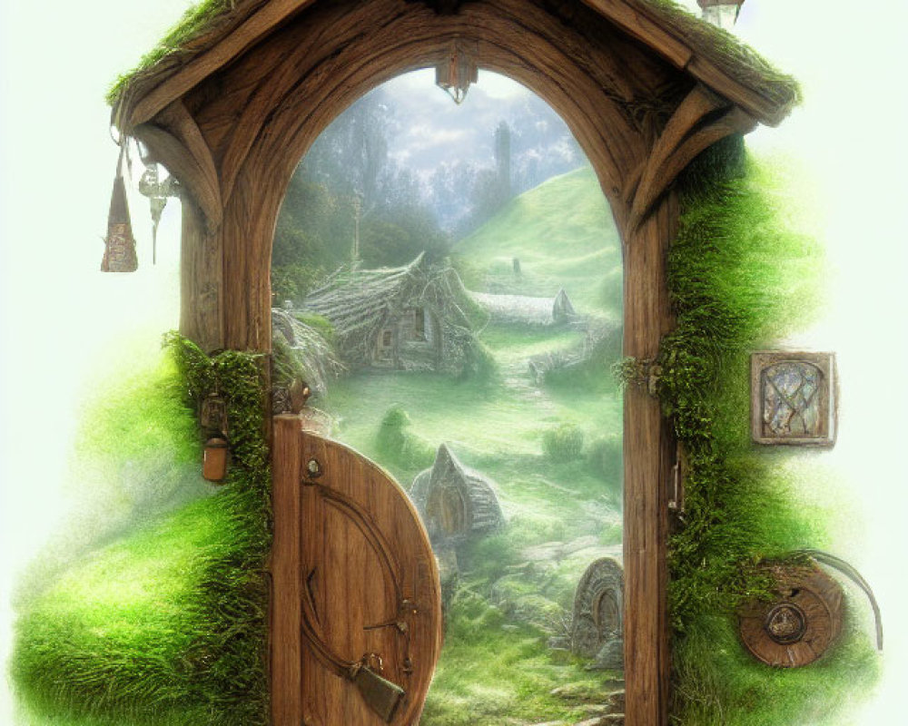 Enchanting wooden door with greenery leads to fairy-tale cottage