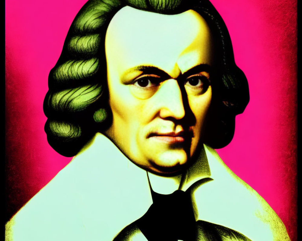 Vibrant portrait of historical figure with white collar on pink backdrop