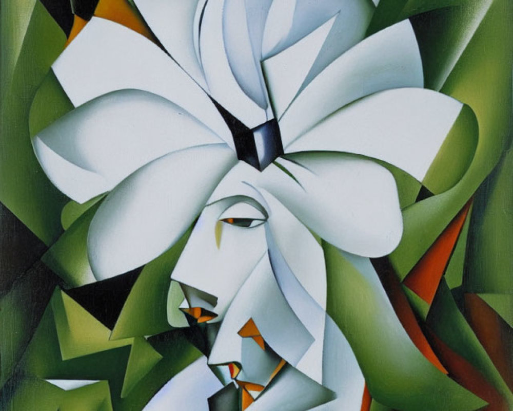 Abstract Cubist Painting: Geometric Flower and Human Face Interlaced