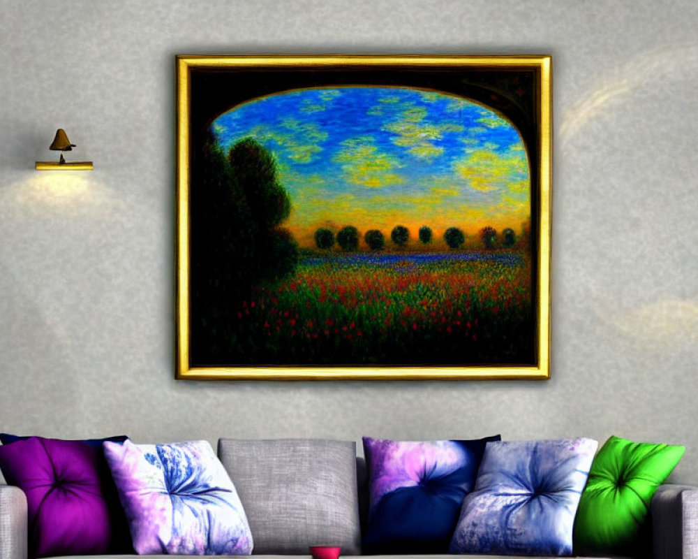 Framed landscape painting above gray sofa with colorful pillows