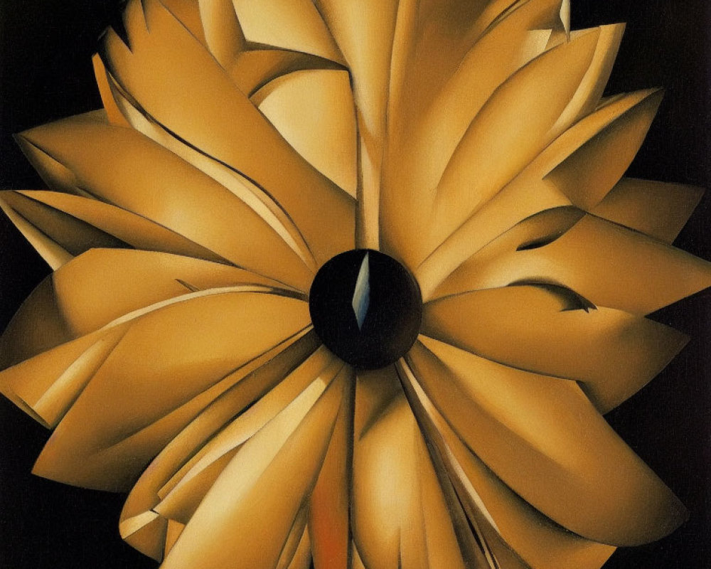 Golden flower with layered petals on black background