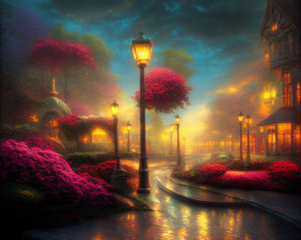 Cobblestone path with pink flowers and streetlamps at twilight