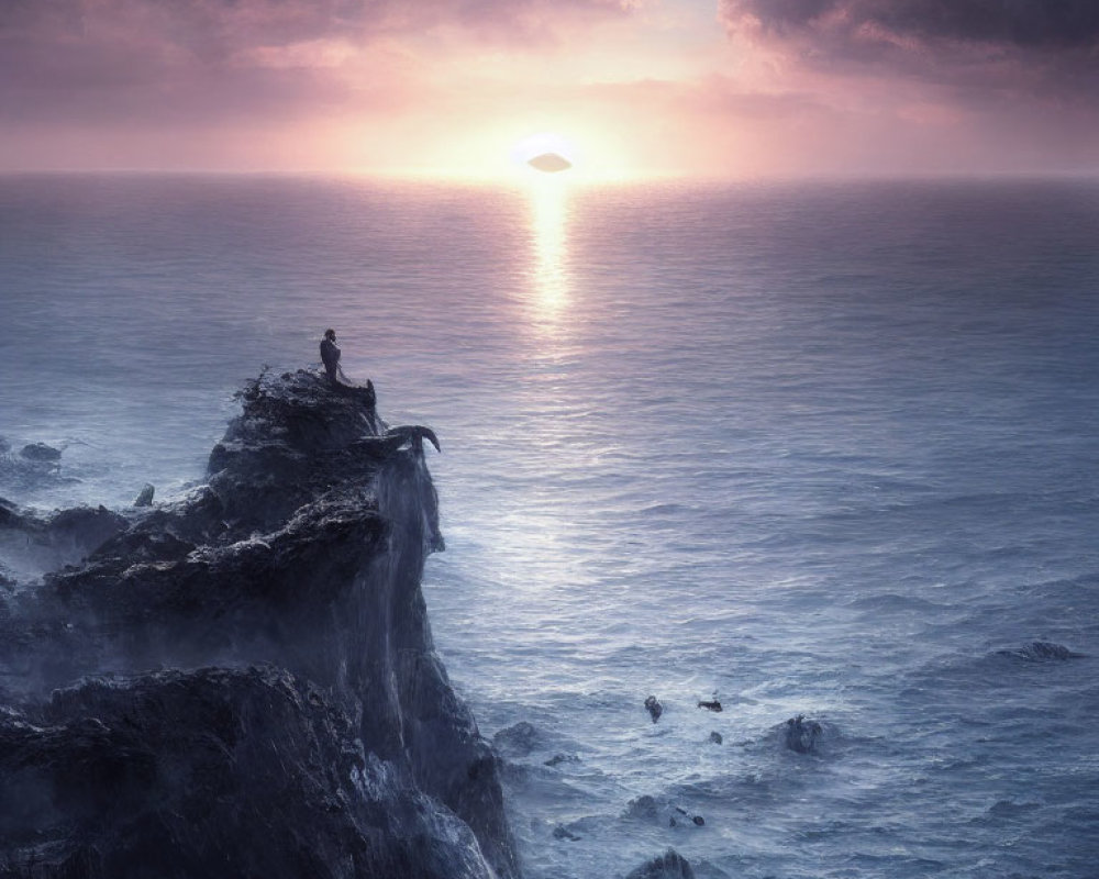 Person sitting on cliff at sunset with ocean waves and pastel sky