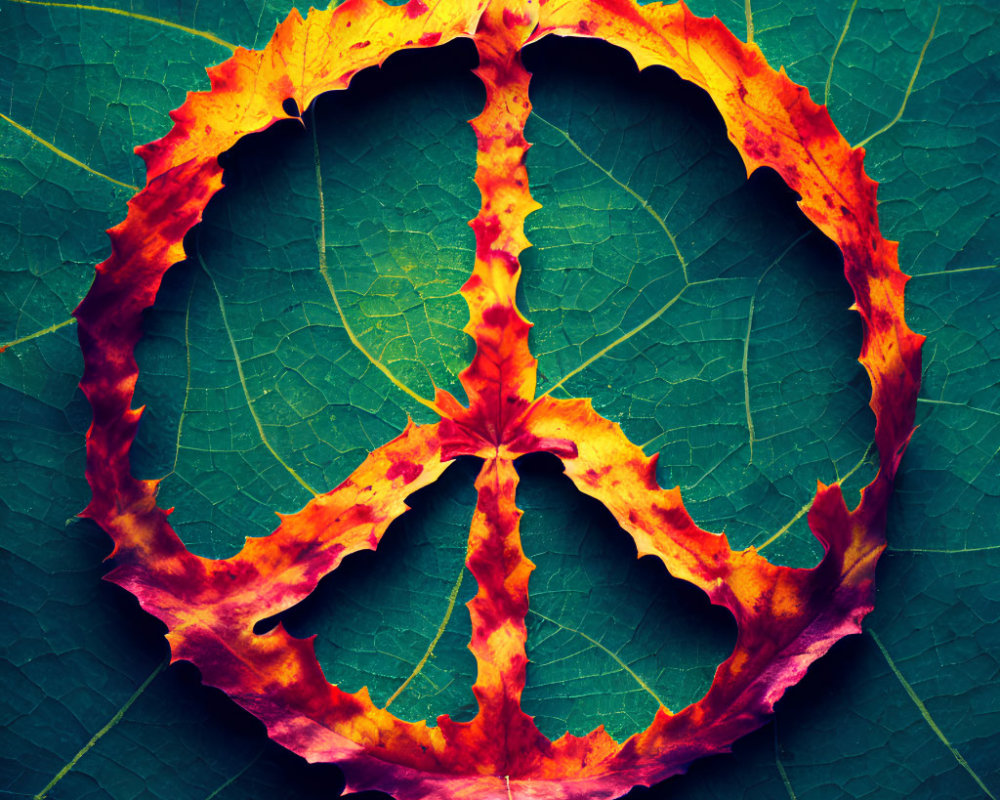 Red and Yellow Leaf with Peace Symbol on Green Background