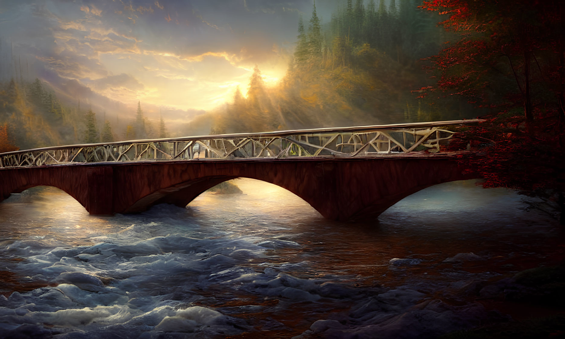 Tranquil landscape: bridge over river with misty, sunlit banks