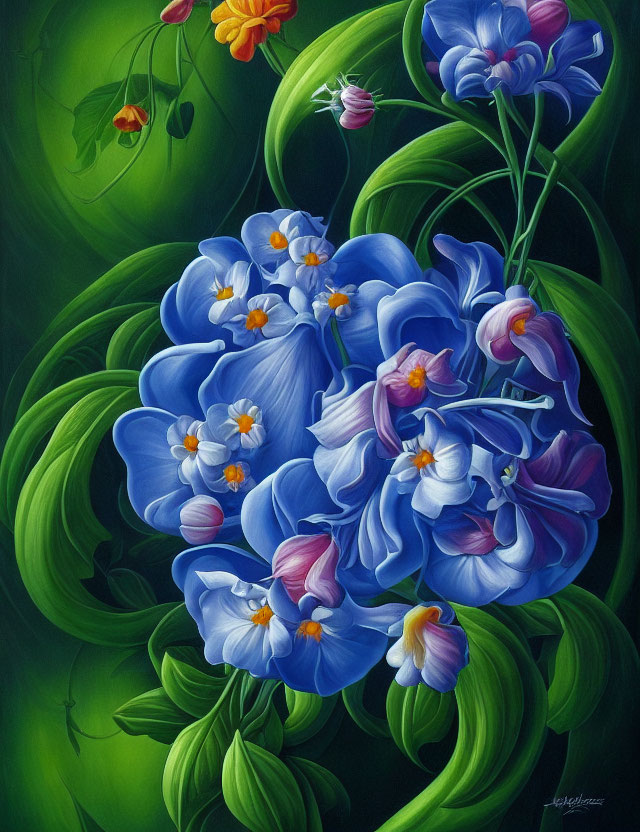 Vibrant blue flowers with yellow centers on dark green backdrop