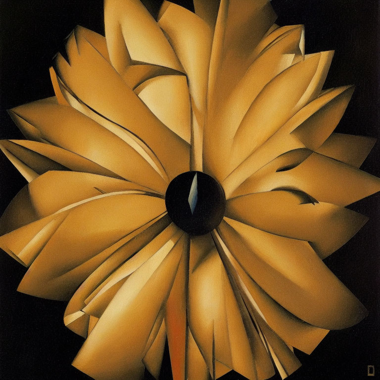 Golden flower with layered petals on black background