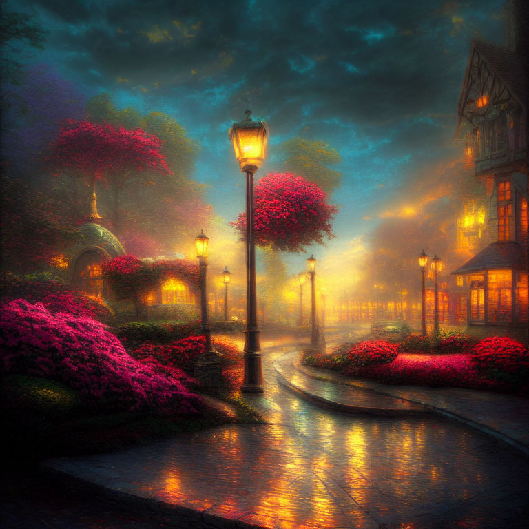 Cobblestone path with pink flowers and streetlamps at twilight