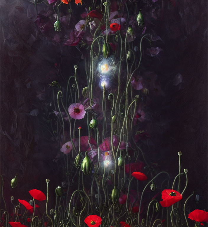 Ethereal nocturnal garden with red and pink poppies and glowing lights